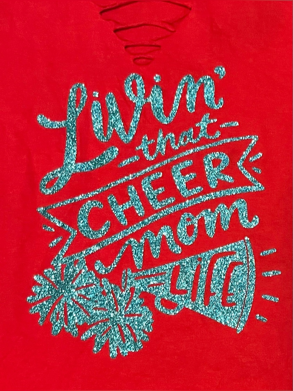 Custom Distressed Cutout “Livin’ That Cheer Mom Life” Long-Sleeve Tee size L